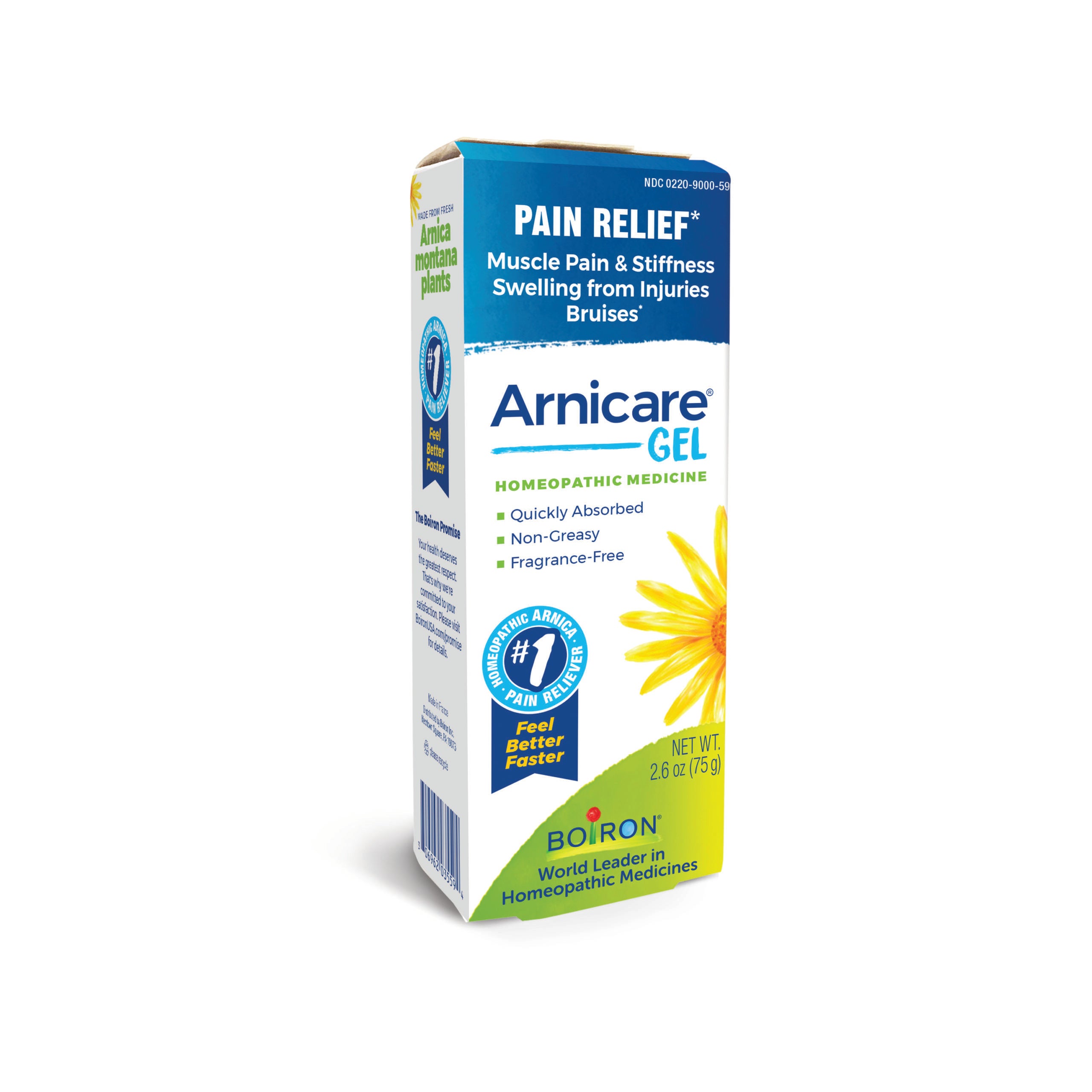 Box of Boiron Arnicare Gel for pain relief applied topically to the skin, with homeopathic medicine indication.