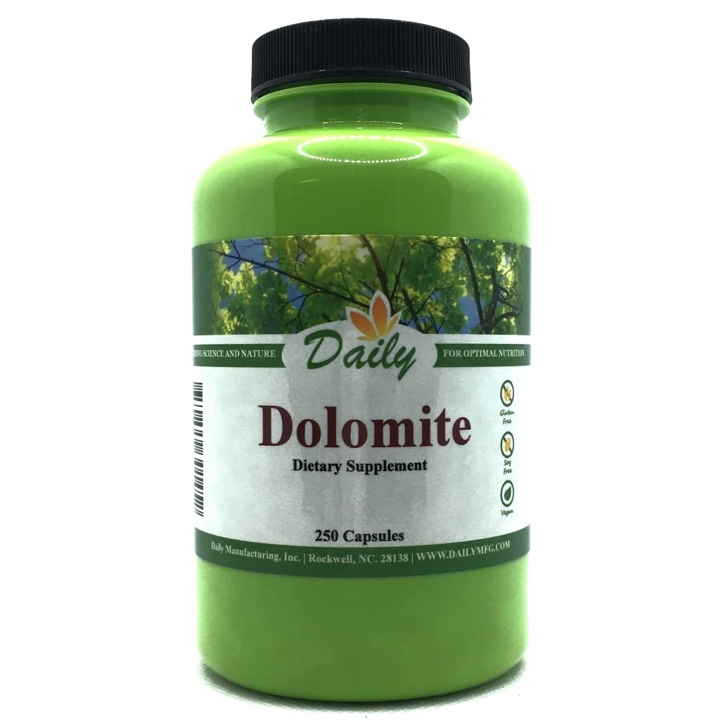 A bottle of Daily's Dolomite dietary supplement with 250 capsules. The label shows the brand name, product name, and the number of capsules.
