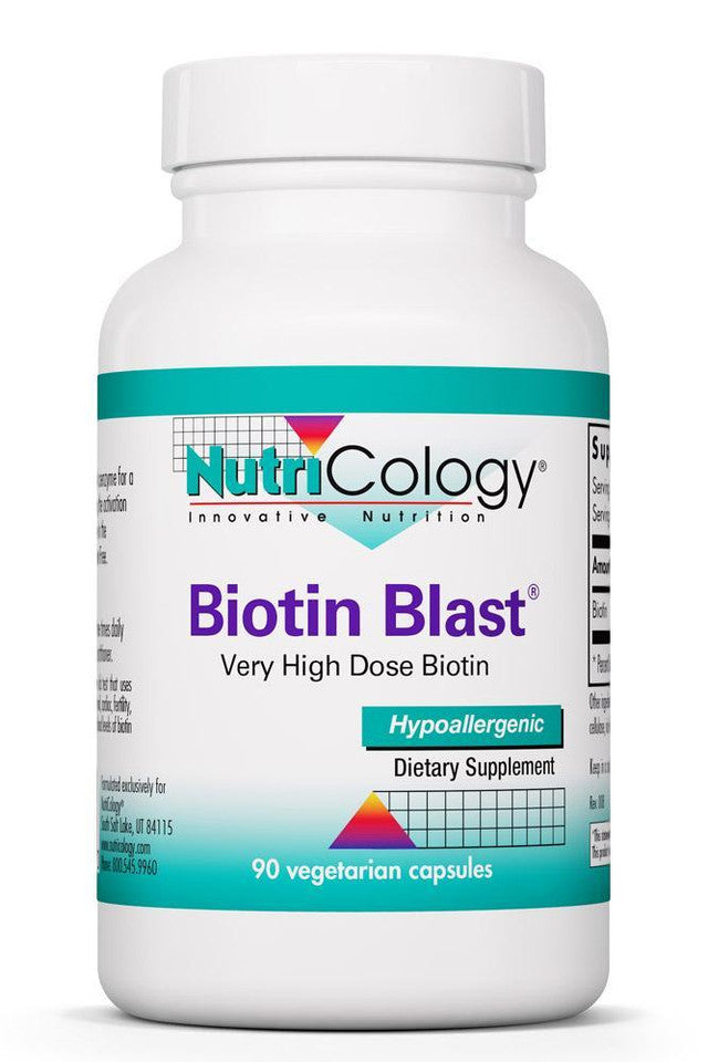 A bottle of NutriCology Biotin Blast, containing 90 vegetarian capsules, with a white label displaying product information.