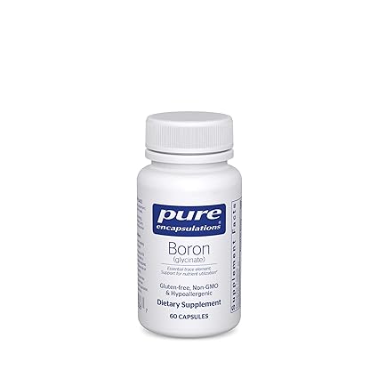 A bottle of Pure Encapsulations Boron (glycinate) dietary supplement with 60 capsules.