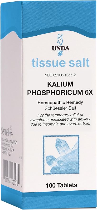 Packaging of UNDA Kalium Phosphoricum 6X Tissue Salt with 100 tablets for homeopathic remedy.
