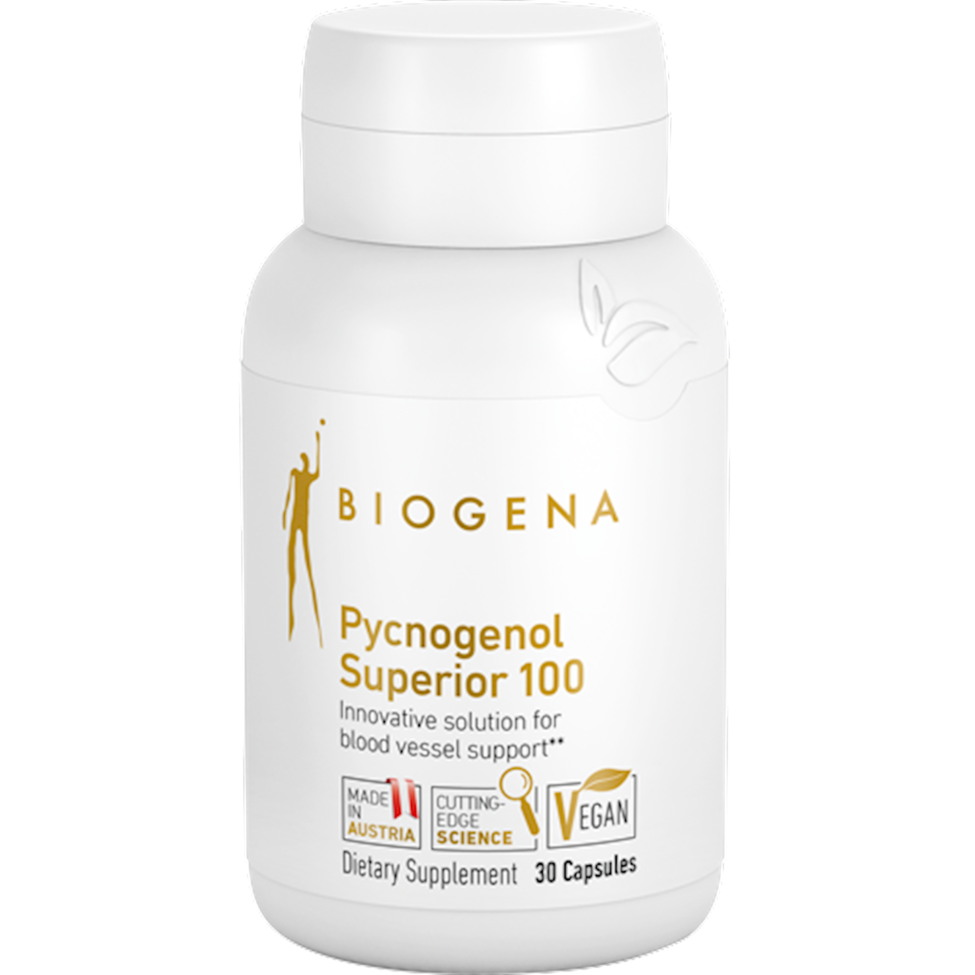 A bottle of Biogena Pycnogenol Superior 100, with the text 'Innovative solution for blood vessel support', indicating it contains 30 capsules for dietary supplement.