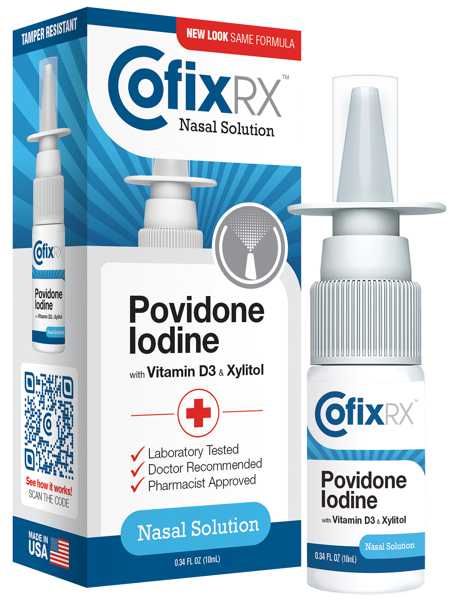 CofixRX Nasal Solution packaging and spray bottle, with Povidone Iodine and Vitamin D3 listed as ingredients.