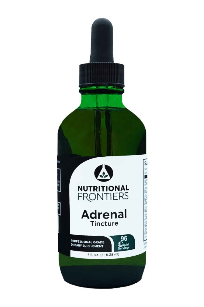 A green bottle with a white label displaying 'Nutritional Frontiers Adrenal Tincture' with a dropper.