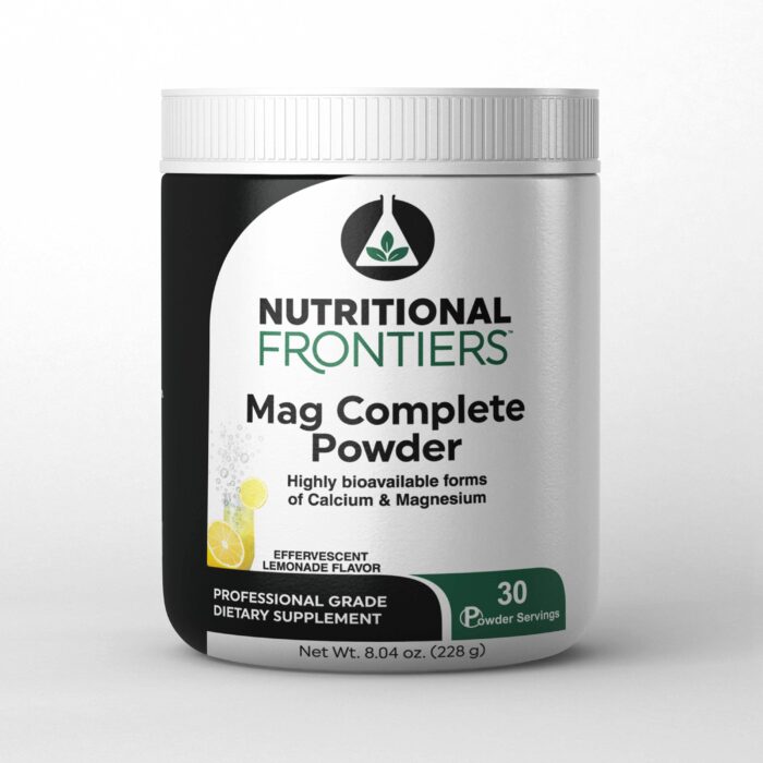 A container of Nutritional Frontiers Mag Complete Powder, which is a dietary supplement with highly bioavailable forms of calcium and magnesium.