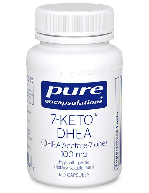 A bottle of Pure Encapsulations 7-KETO DHEA supplement with 100 mg per capsule, containing 120 capsules.