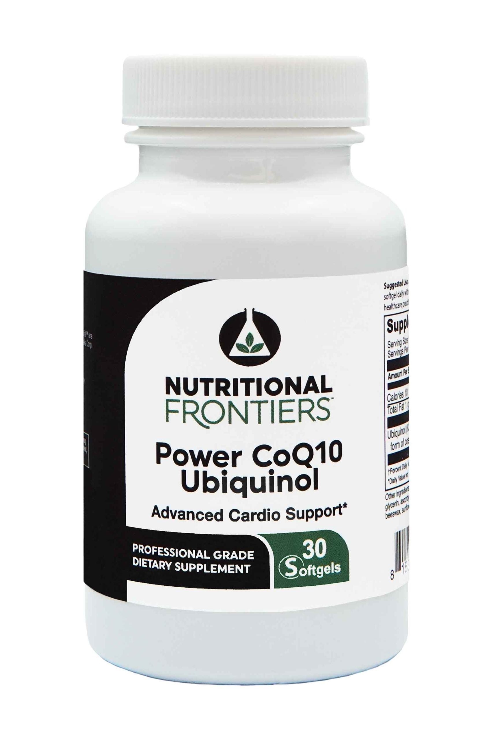 A bottle of Power CoQ10 Ubiquinol by Nutritional Frontiers with 30 softgels, primarily white in color with green and black labeling.
