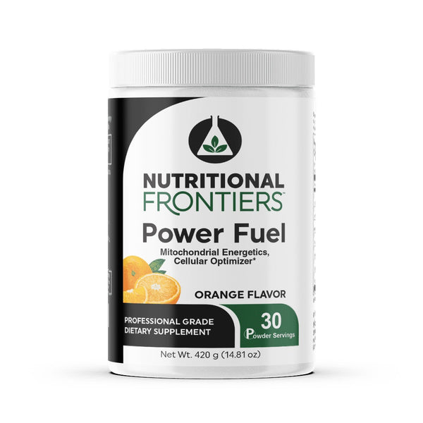 A container of Nutritional Frontiers Power Fuel in orange flavor, which is a mitochondrial energizer and cellular optimizer.