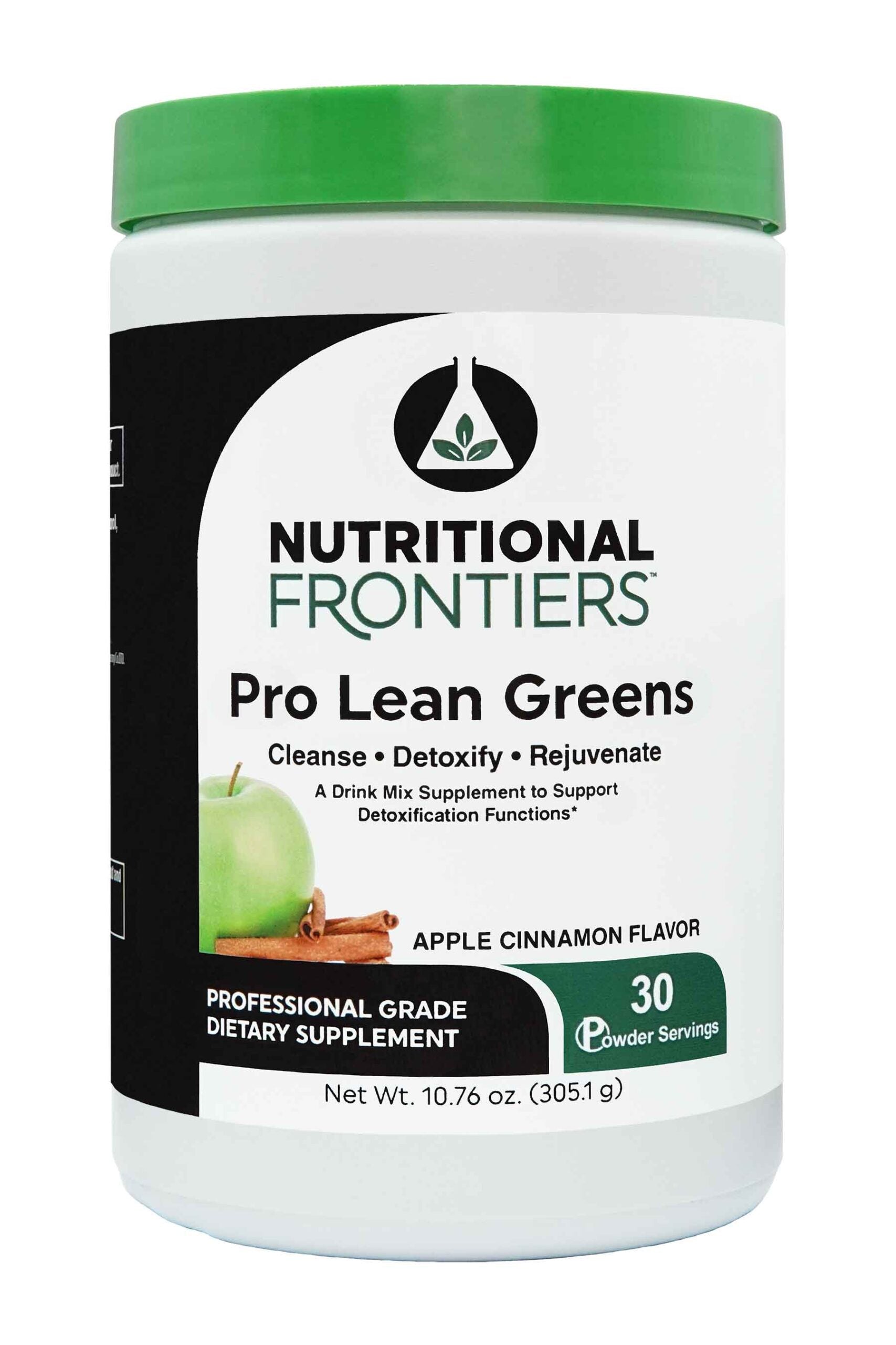 A container of Nutritional Frontiers Pro Lean Greens powder in apple cinnamon flavor, with 30 servings per container.