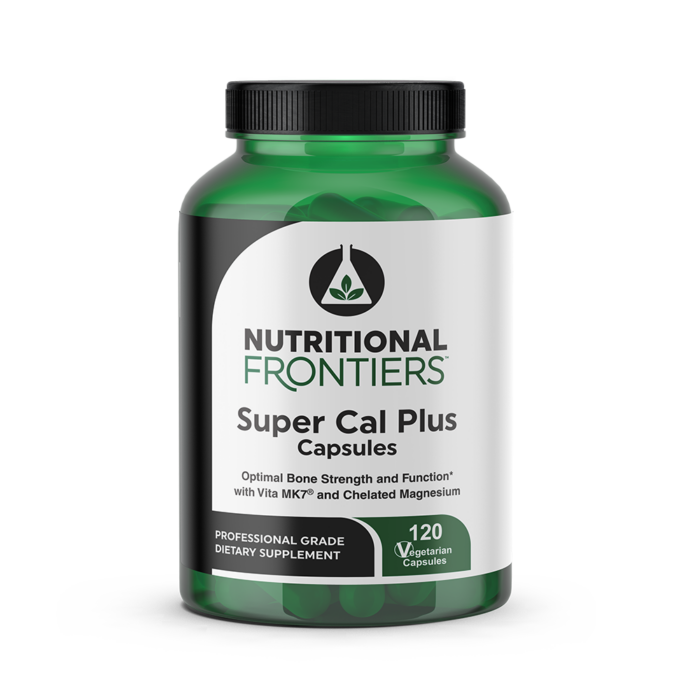 This image features a bottle of "Super Cal Plus Capsules" by Nutritional Frontiers, containing 120 capsules. The bottle is green with a white label that includes the product name, the number of capsules, and a brief description of the product's benefits for supporting bone strength and function.