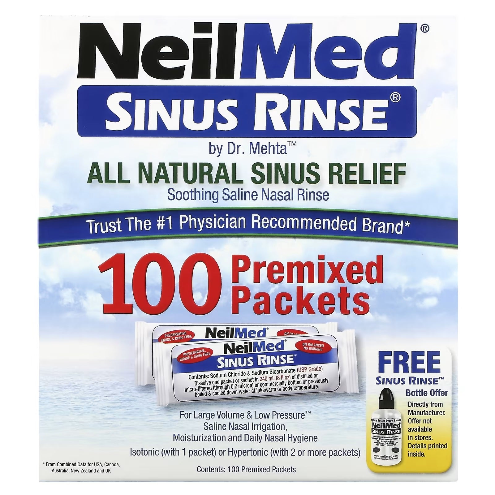 Packaging of NeilMed Sinus Rinse with 100 premixed packets for saline nasal rinse, with a free packet included.