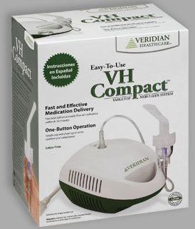 Packaging for the Veridian Compact Tabletop Nebulizer System with an image of the device, air tubing, and mouthpiece.