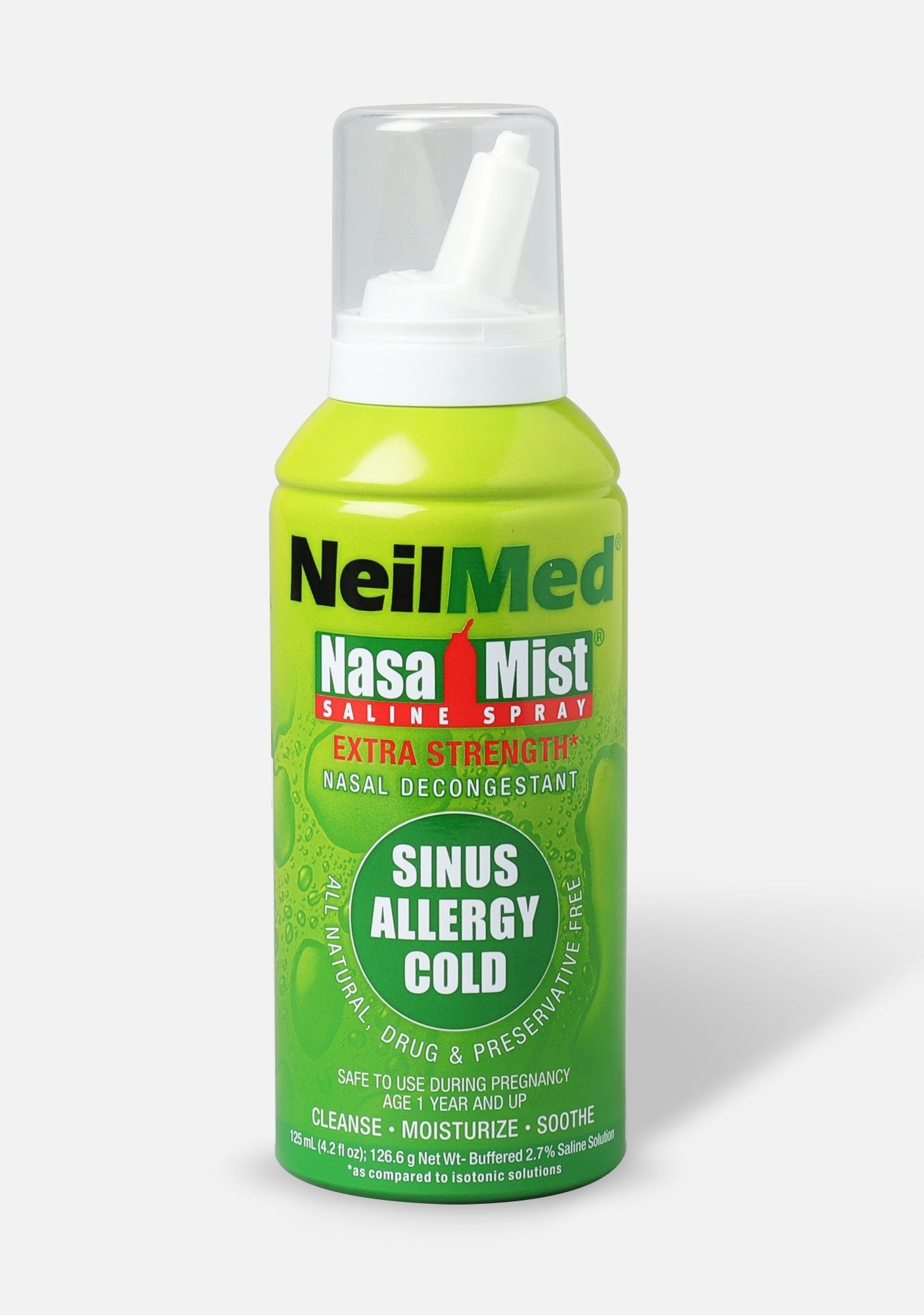 NeilMed NasaMist Hypertonic Saline Spray bottle, green and white, labeled for sinus allergy relief.