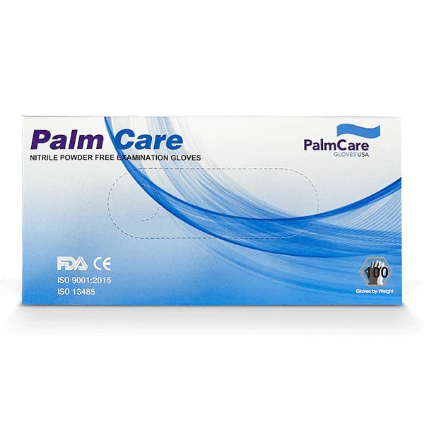 A box of Palm Care Nitrile Powder Free Examination Gloves, with a blue and white color scheme.
