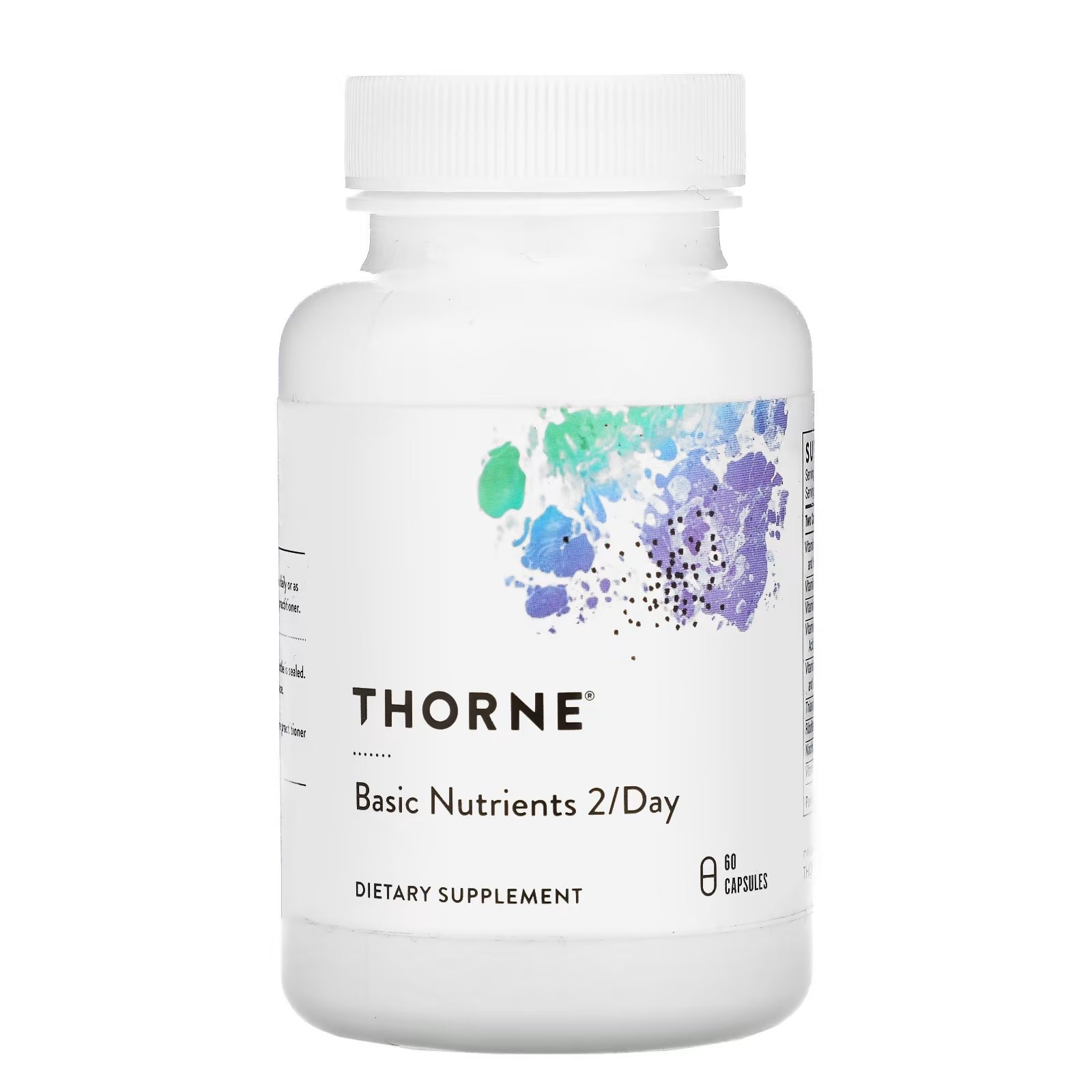 A bottle of Thorne Basic Nutrients 2/Day dietary supplement with 60 capsules.