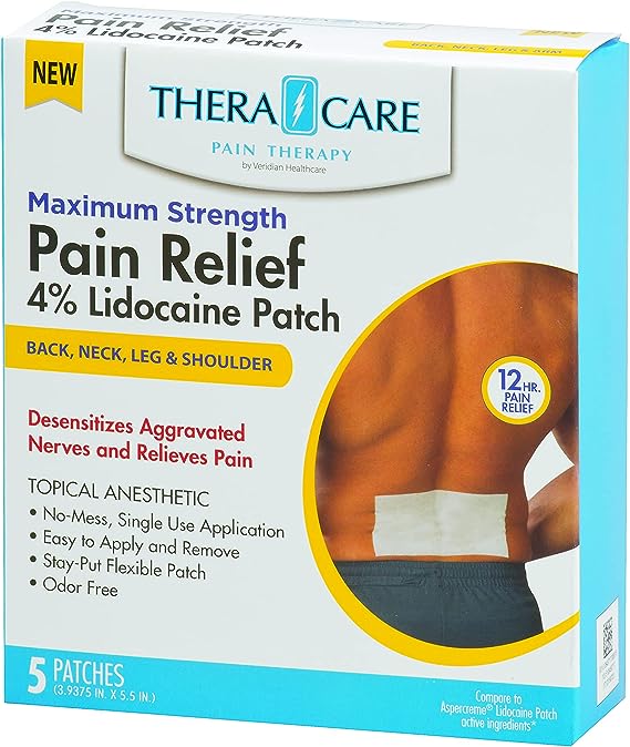 Box of Thera Care Pain Relief Patches with 4% Lidocaine for back, neck, leg, and shoulder pain relief. packaging indicates the product contains 5 patches, is maximum strength, and provides 12 hours of relief.