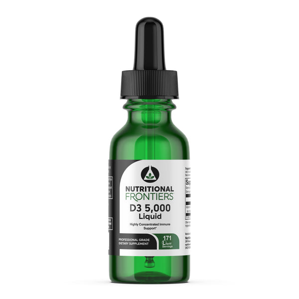 A bottle of Nutritional Frontiers D3 5,000 Liquid supplement with a dropper, primarily green in color with a white label.