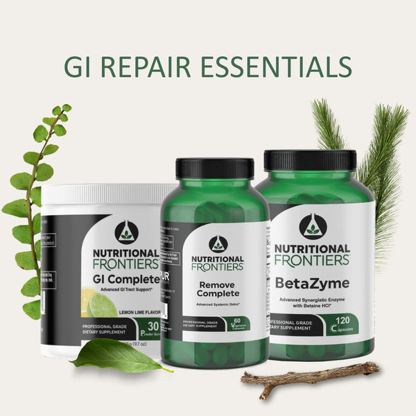 Three supplement bottles labeled 'GI Complete', 'Remove Complete', and 'BetaZyme' from Nutritional Frontiers on a light background with greenery.