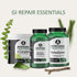 Three supplement bottles labeled 'GI Complete', 'Remove Complete', and 'BetaZyme' from Nutritional Frontiers on a light background with greenery.