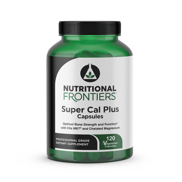This image features a bottle of "Super Cal Plus Capsules" by Nutritional Frontiers, containing 120 capsules. The bottle is green with a white label that includes the product name, the number of capsules, and a brief description of the product's benefits for supporting bone strength and function.