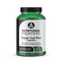 This image features a bottle of "Super Cal Plus Capsules" by Nutritional Frontiers, containing 120 capsules. The bottle is green with a white label that includes the product name, the number of capsules, and a brief description of the product's benefits for supporting bone strength and function.
