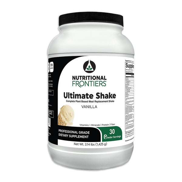 A container of Nutritional Frontiers Ultimate Shake in vanilla flavor with 30 servings. The label includes the brand name, product name, and highlights such as 'Professional Grade', 'Hypoallergenic', and '30 Servings'.