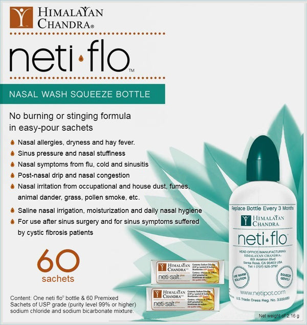 Himalayan Chandra Neti Flo. Nasal wash squeeze bottle with 60 premixed sachets